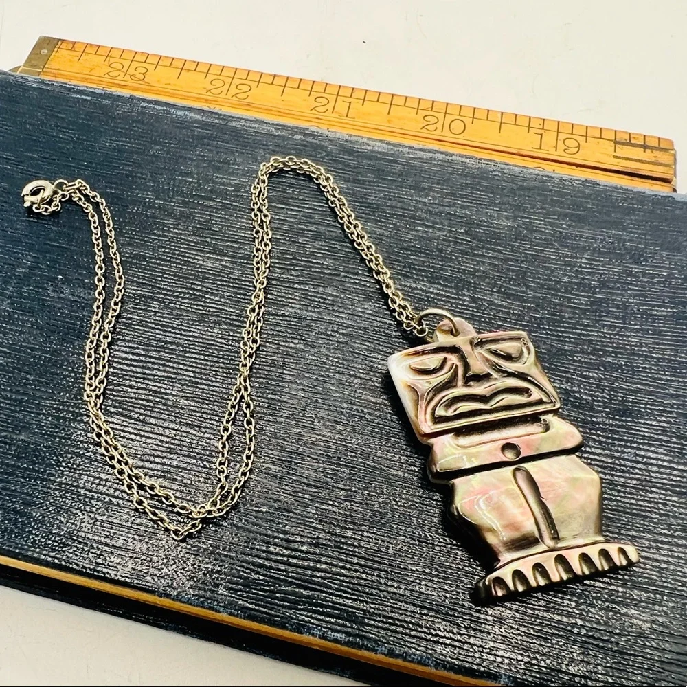 Vintage reversible carved mother of pearl tiki pendant tribal unique 18”